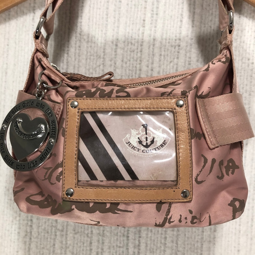 Juicy Couture Pink Nylon Script Logo Mini Hobo Bag Y2K Heart Charm Vintage‎